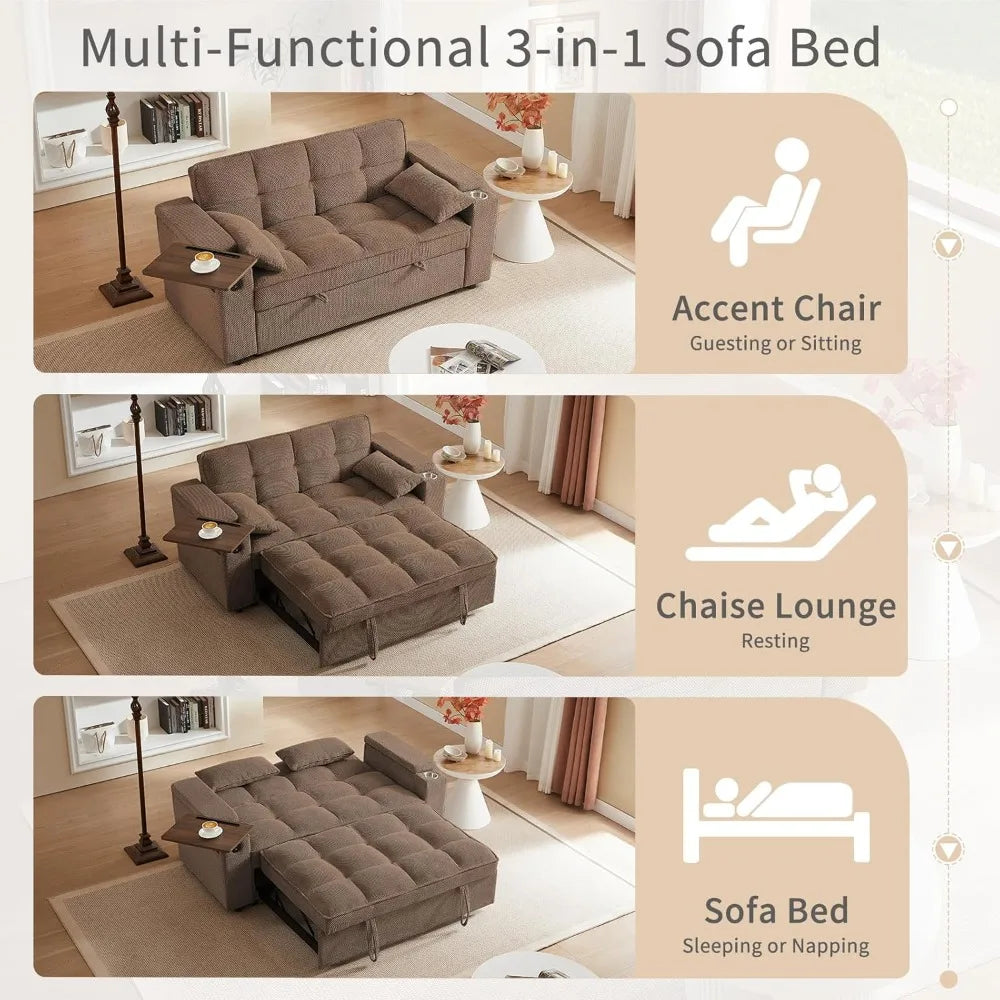 Modern 3-in-1 Convertible Sofa Bed with Swivel Side Table