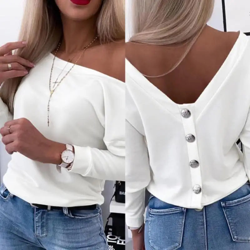 SURE XIAO STORY Autumn Long Sleeve Back Button Pullover