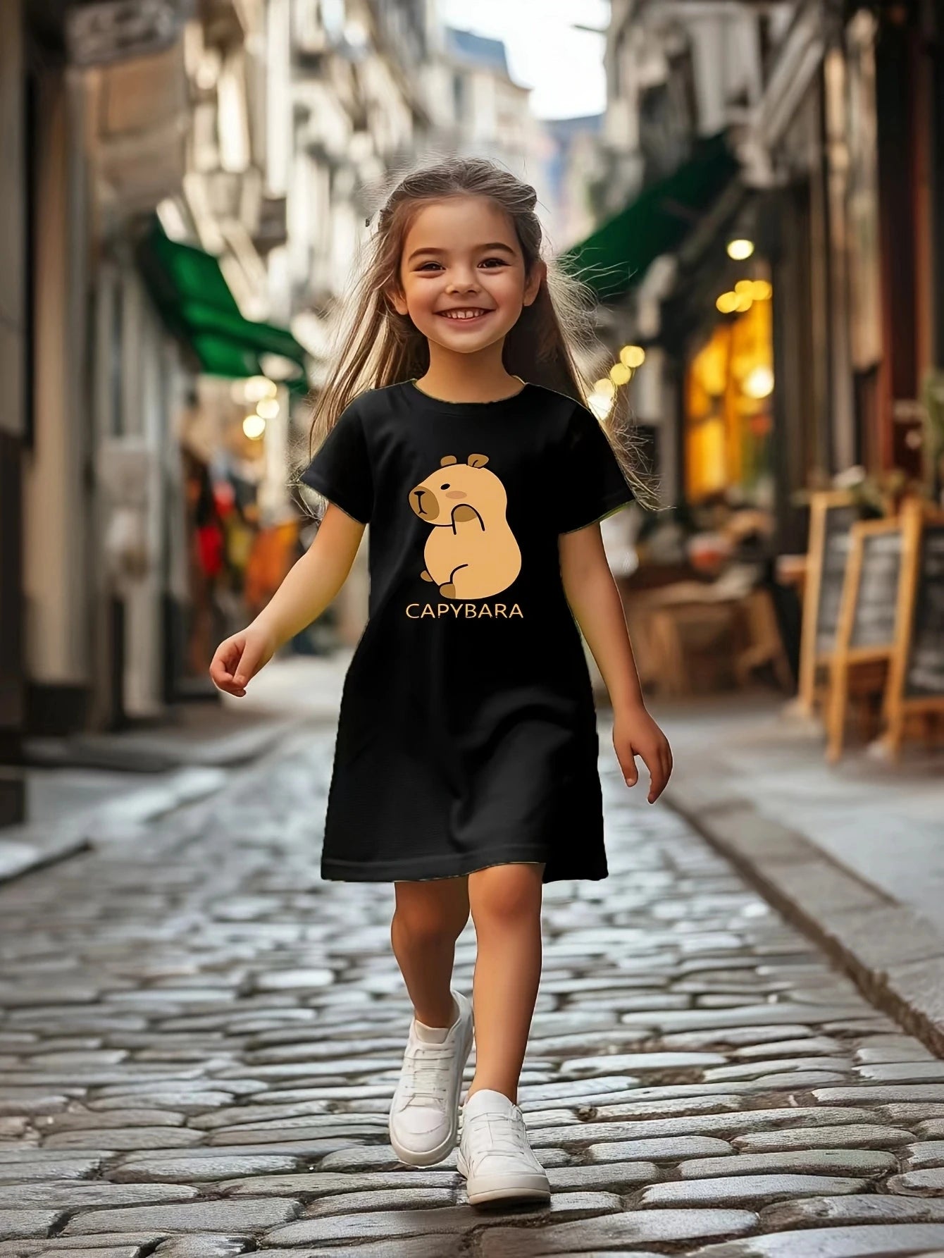 Girls Casual Dress with Capybara Cartoon Animal Print