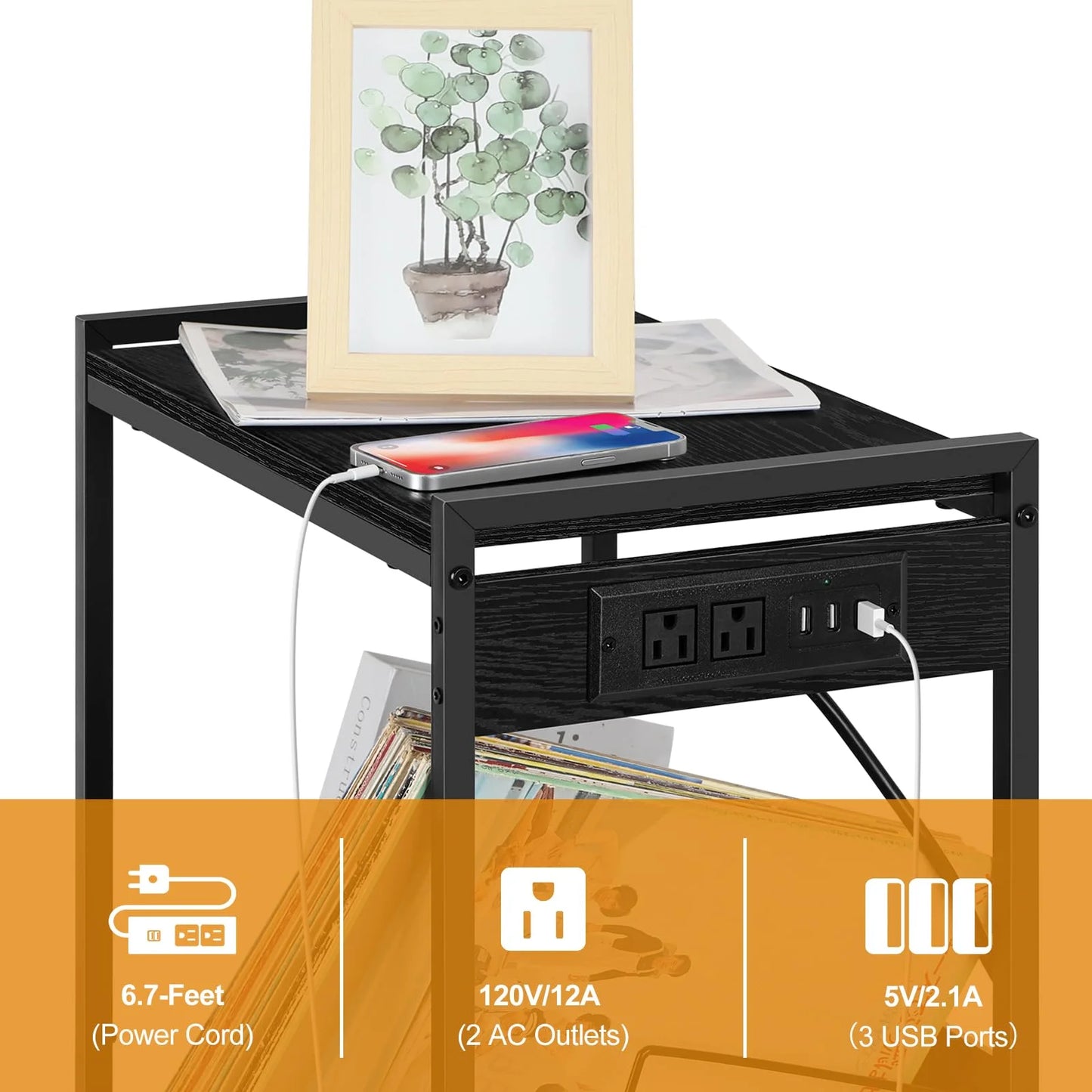 Record Player Stand with Vinyl Storage Side Table and Charging Station 2 Tier Rolling Record Player Table for Living Room