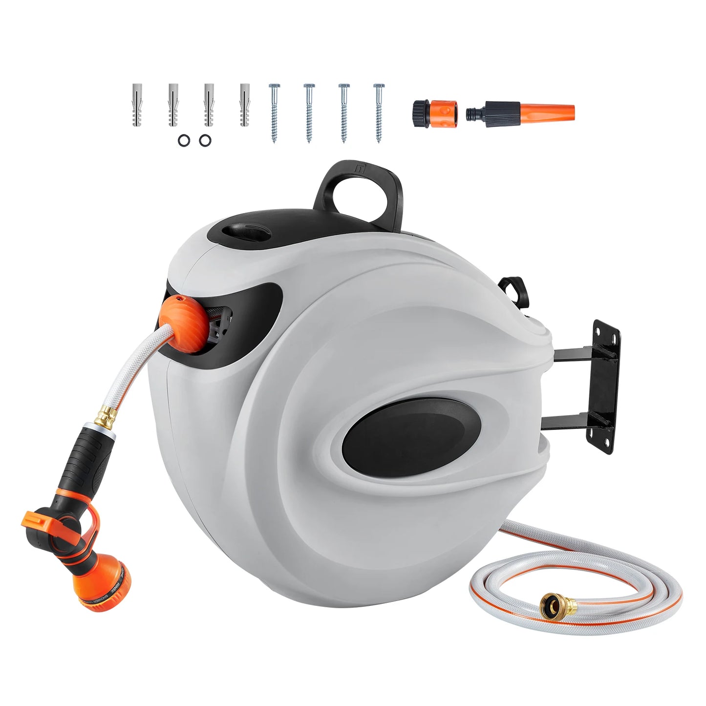 SucceBuy Retractable Hose Reel 180 Degree Swivel Bracket Wall Mounted Garden Water Hose Reel with 9 Pattern Nozzle Automatic Rewind