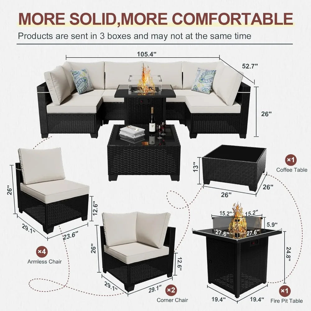 8 Pieces Outdoor Sectional Furniture Rattan Wicker Patio Sofa Couch with 28 Inch Gas Fire Pit Table Conversation Set for Backyard