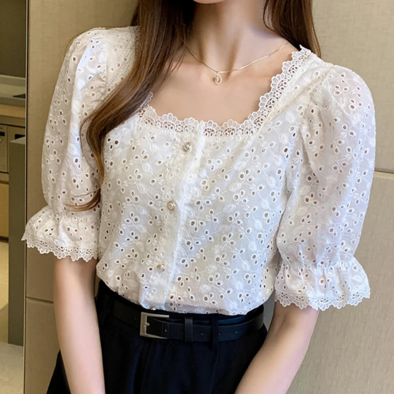 MagesuekCN Lace Hollow Out Blouse Square Collar Top