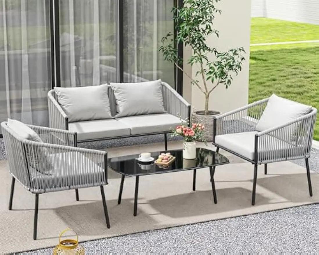 Outdoor 4-Piece Garden Furniture Rattan Set With Cushions