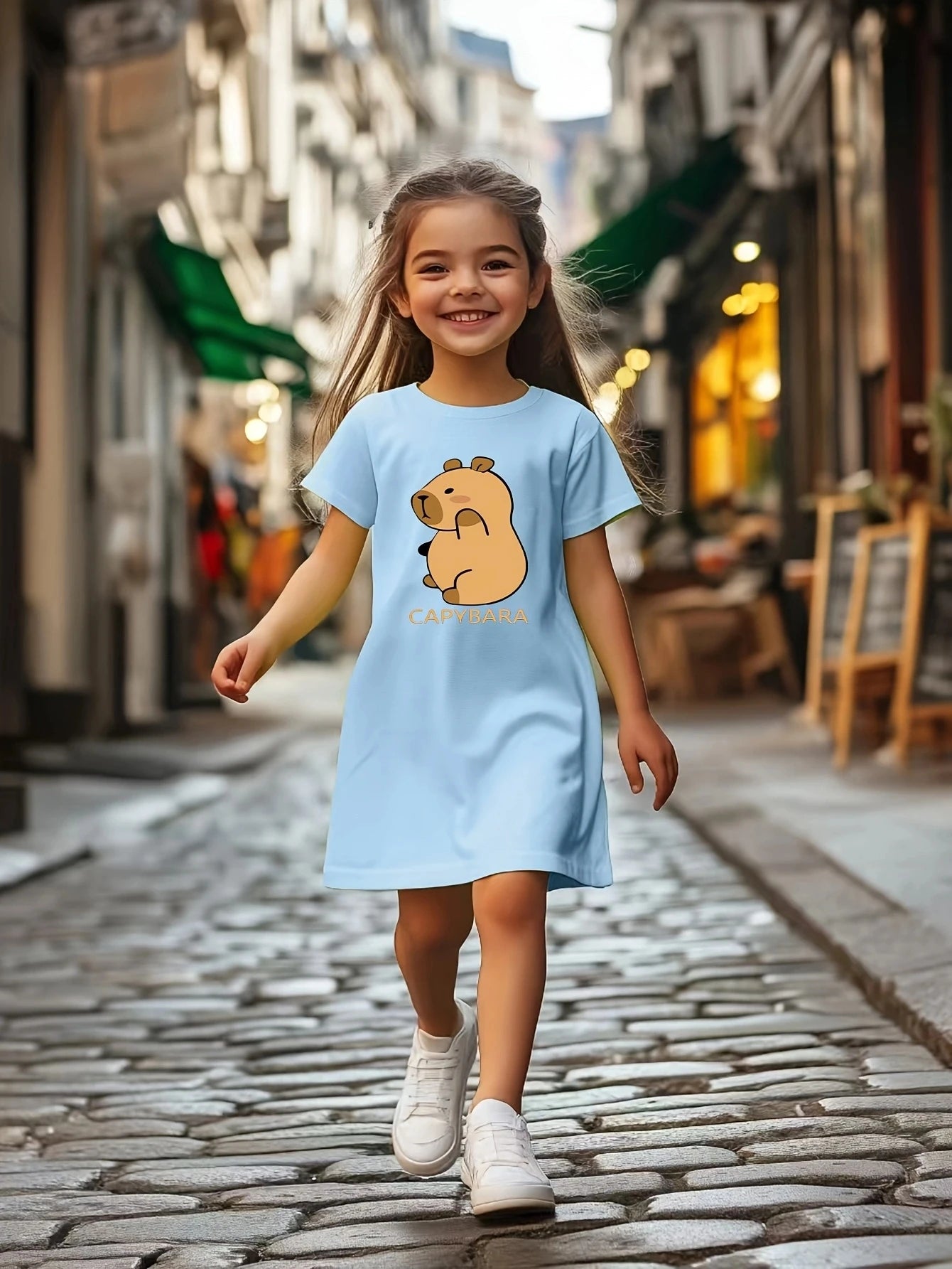 Girls Casual Dress with Capybara Cartoon Animal Print
