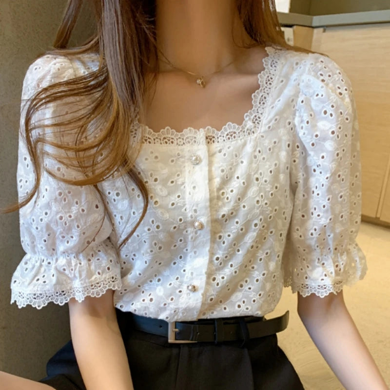 MagesuekCN Lace Hollow Out Blouse Square Collar Top