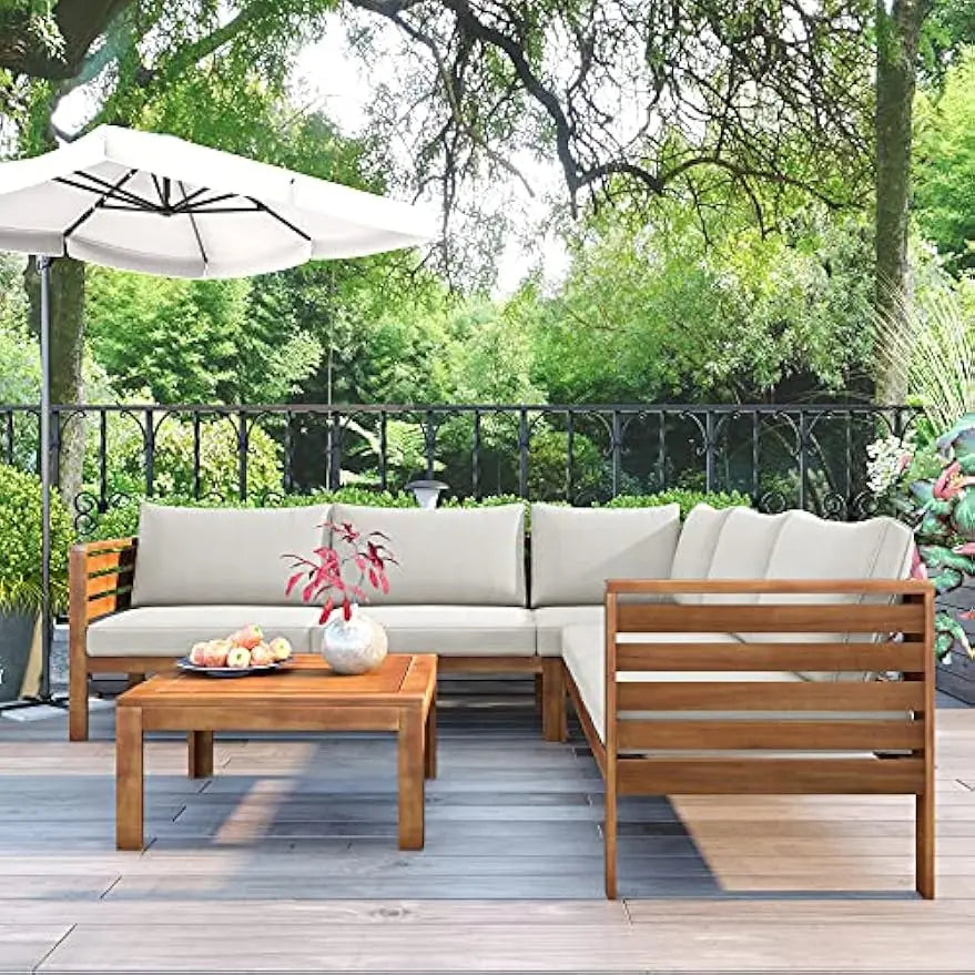 Outdoor Sectional Sofa Set with Coffee Table Removable Patio Sectional Seating Group L Shape Corner Sofa Set Natural Wood Beige