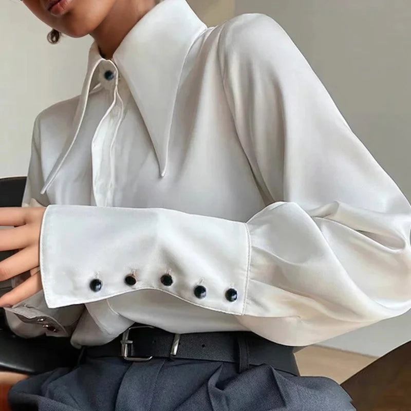 Sure Xiao Story Satin Silk Shirt Women Turn Down Collar