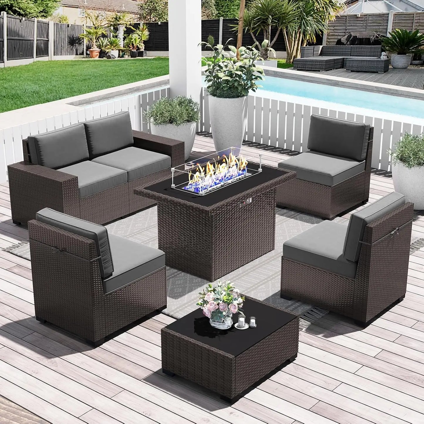 Outdoor Wicker Rattan Conversation Set With Fire Pit Table 15 Piece Patio Furniture Set