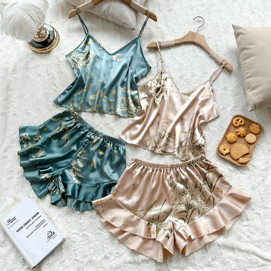 ZhejiangChoice Cherry Print Satin Pajama Set V Neck Halter