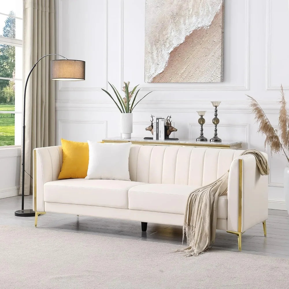 XMSJ Modern Faux Leather Sofa 3 Seater With Gold Legs