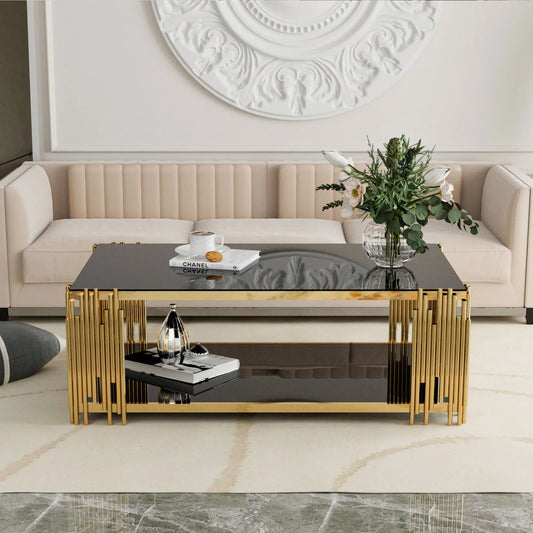 Stainless Steel Rectangle Coffee Table with Black Tempered Glass 51.18 Inch Modern Center Table Gold Legs for Living Room