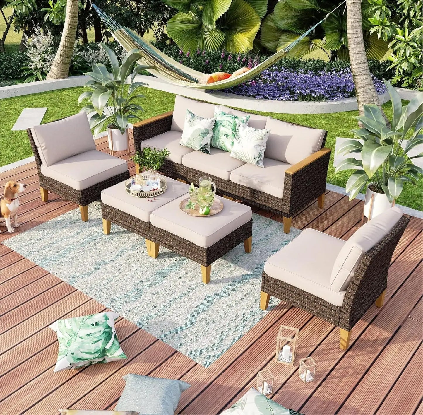 9 Piece Wicker Patio Furniture Set with 56 Inch Fire Pit Table All Weather PE Rattan Patio Sectional Sofa Conversation Set