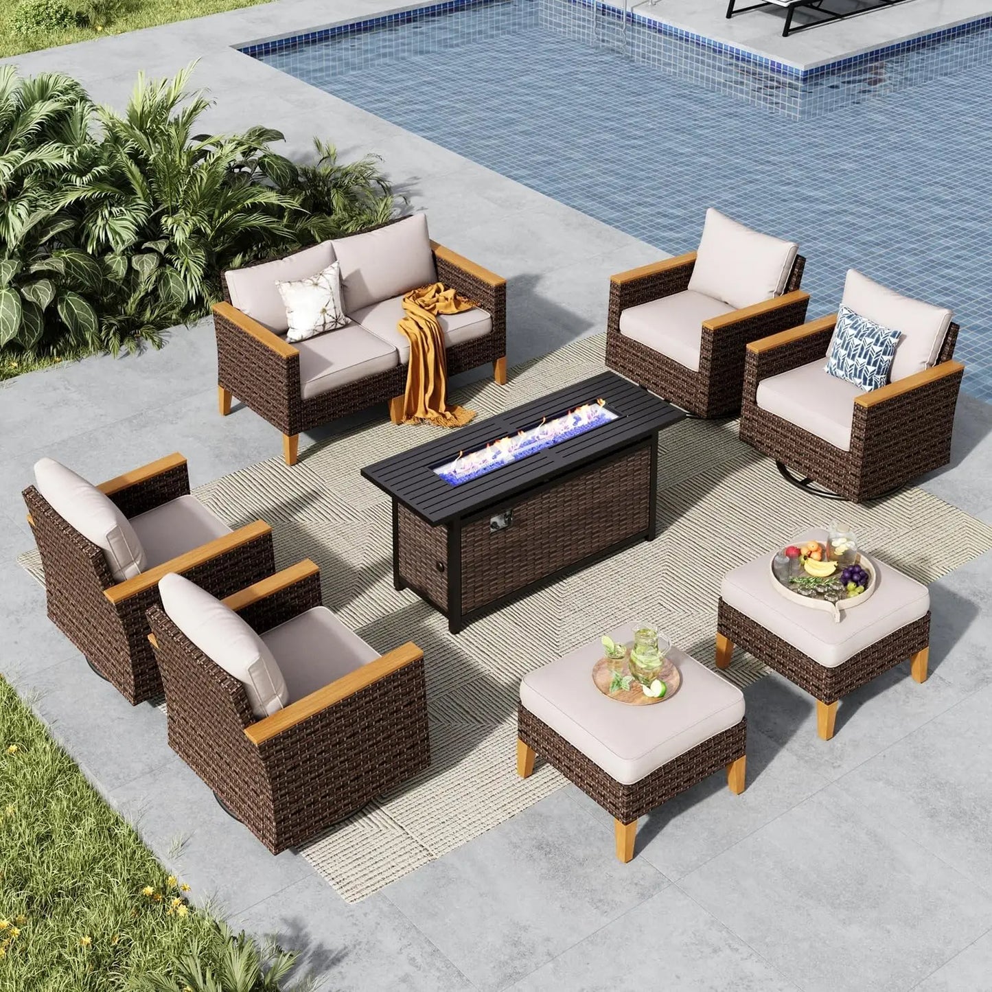 9 Piece Wicker Patio Furniture Set with 56 Inch Fire Pit Table All Weather PE Rattan Patio Sectional Sofa Conversation Set