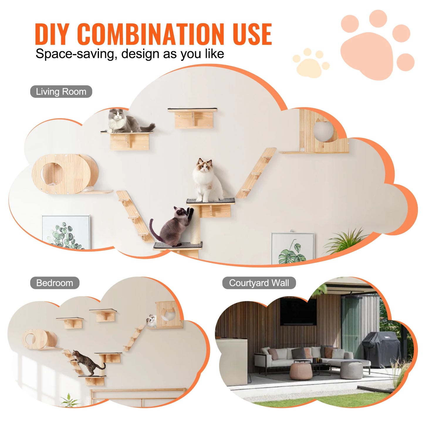 Wall Mounted Cat Shelves With Jumping Boards And Hammocks