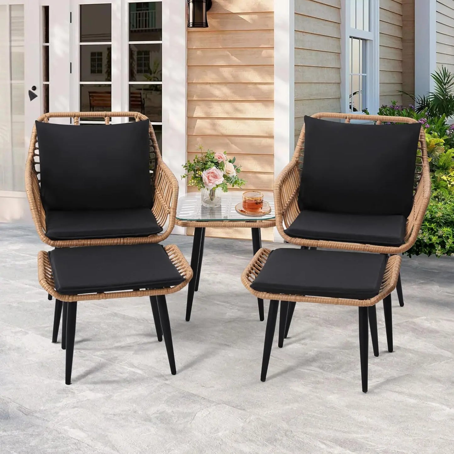 5 Piece Wicker Bistro Patio Conversation Furniture Set with 2 Chairs 2 Ottomans and Side Table for Porch and Balcony