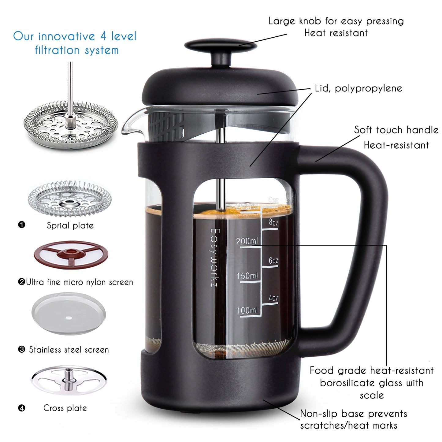 Easyworkz French Press Coffee and Tea Maker with Glass Design