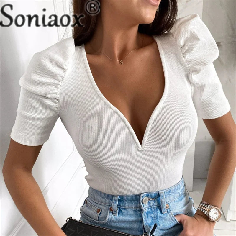 Soniaox Slim Fit V Neck Bubble Sleeve Blouse