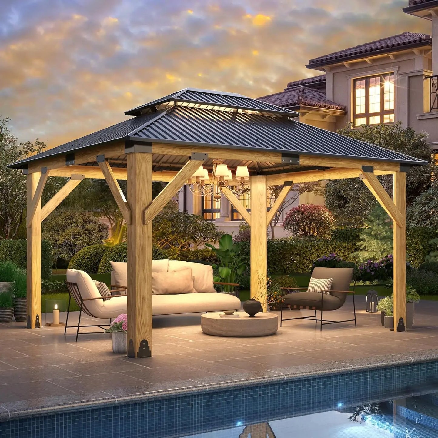 High-Concerned Outdoor Wood Gazebo Aluminum Roof Hardtop