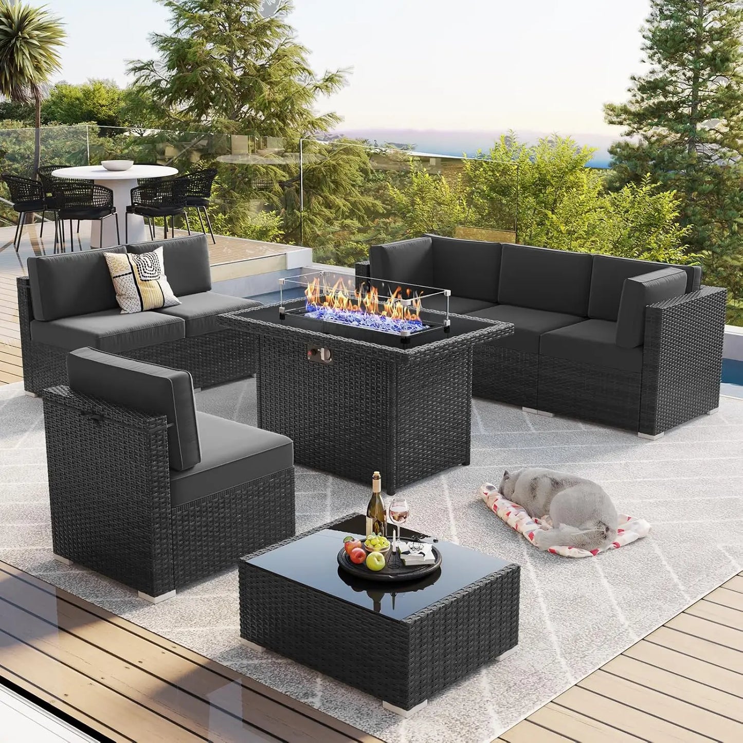 Outdoor Wicker Rattan Conversation Set With Fire Pit Table 15 Piece Patio Furniture Set