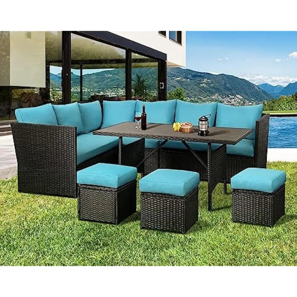 Outdoor Furniture 7 Piece Set with Dining Table and Chairs All Weather Wicker Set with Ottoman Garden Furniture Set