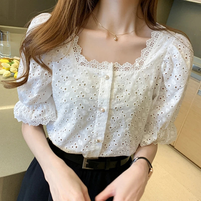 MagesuekCN Lace Hollow Out Blouse Square Collar Top
