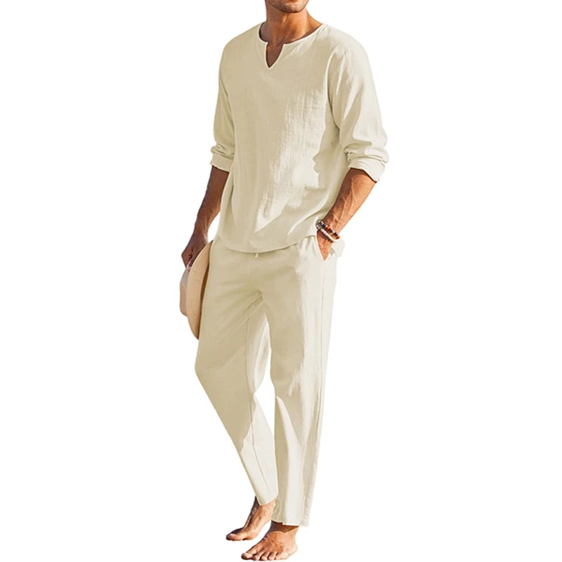 Guangdong Men's Summer Cotton Linen 2 Piece Loungewear Set