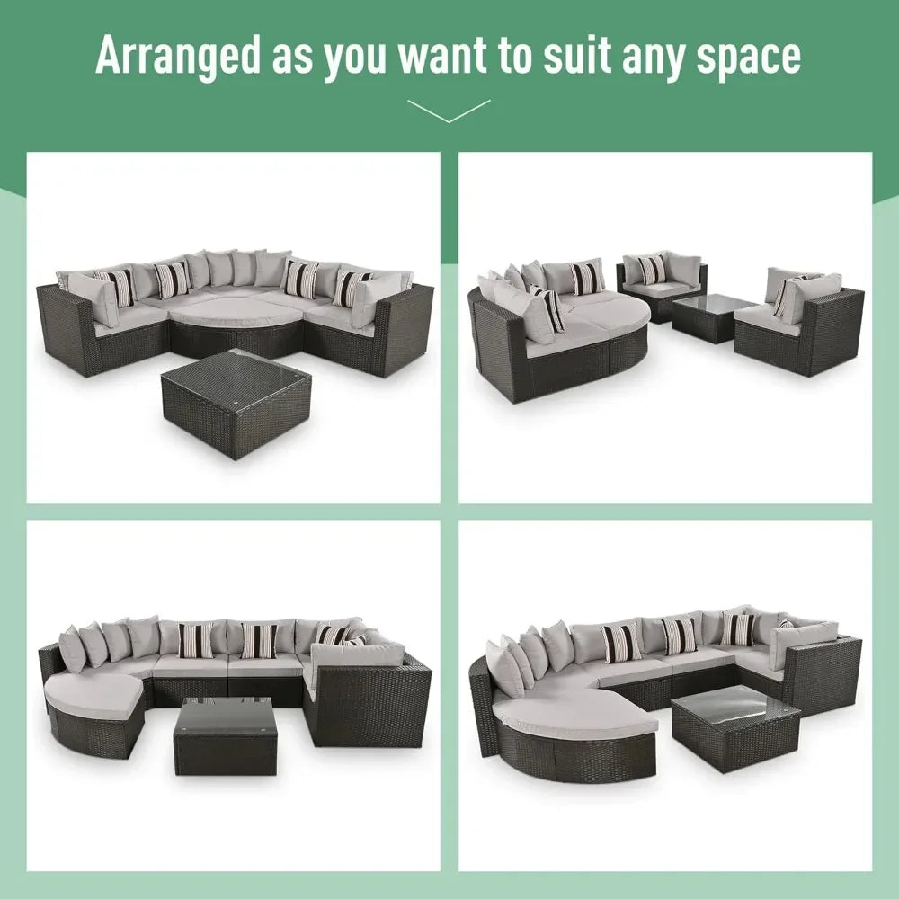 Cushioned Half Moon Rattan Sofa Set for Outdoor Relaxation