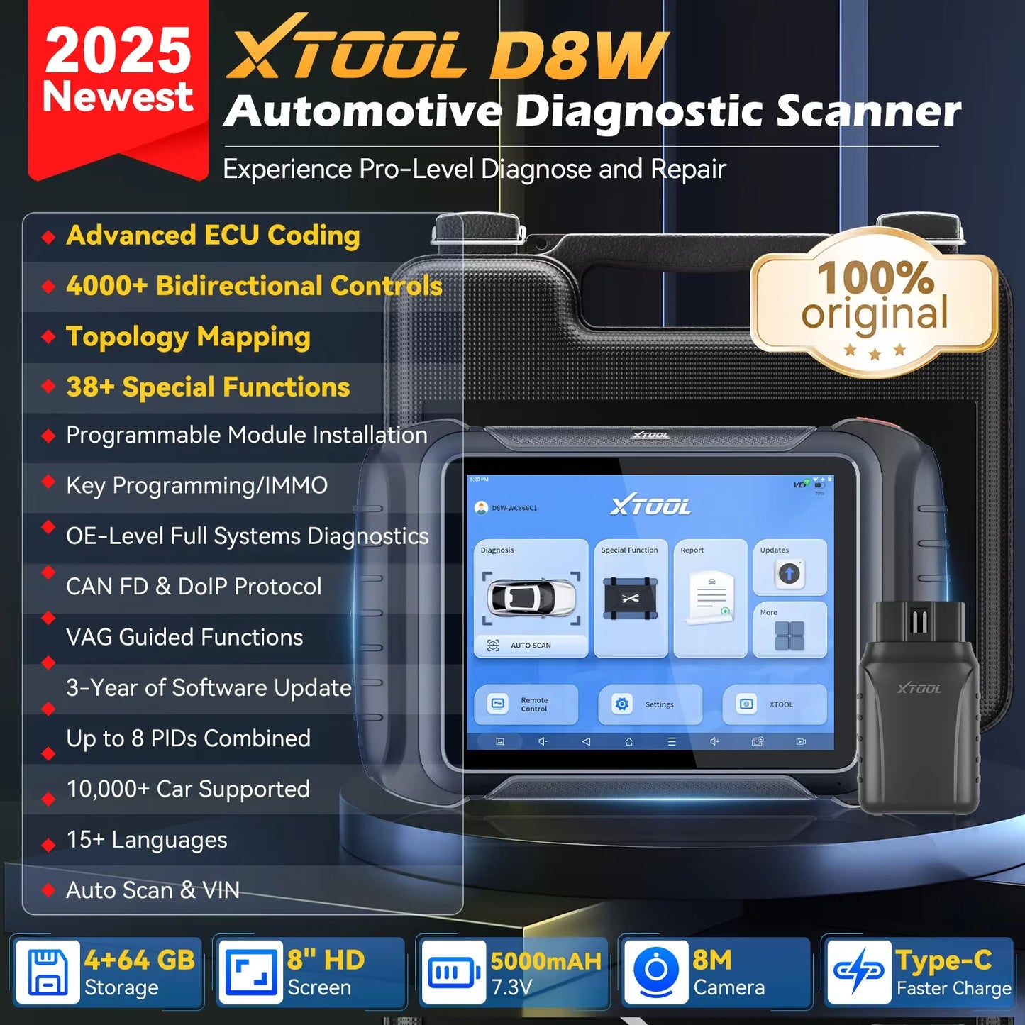 XTOOL D8W BT Diagnostic Tool ECU Coding CANFD DOIP VAG Guided Automotive Scanner Topology Mapping Active Test Automotive Tools