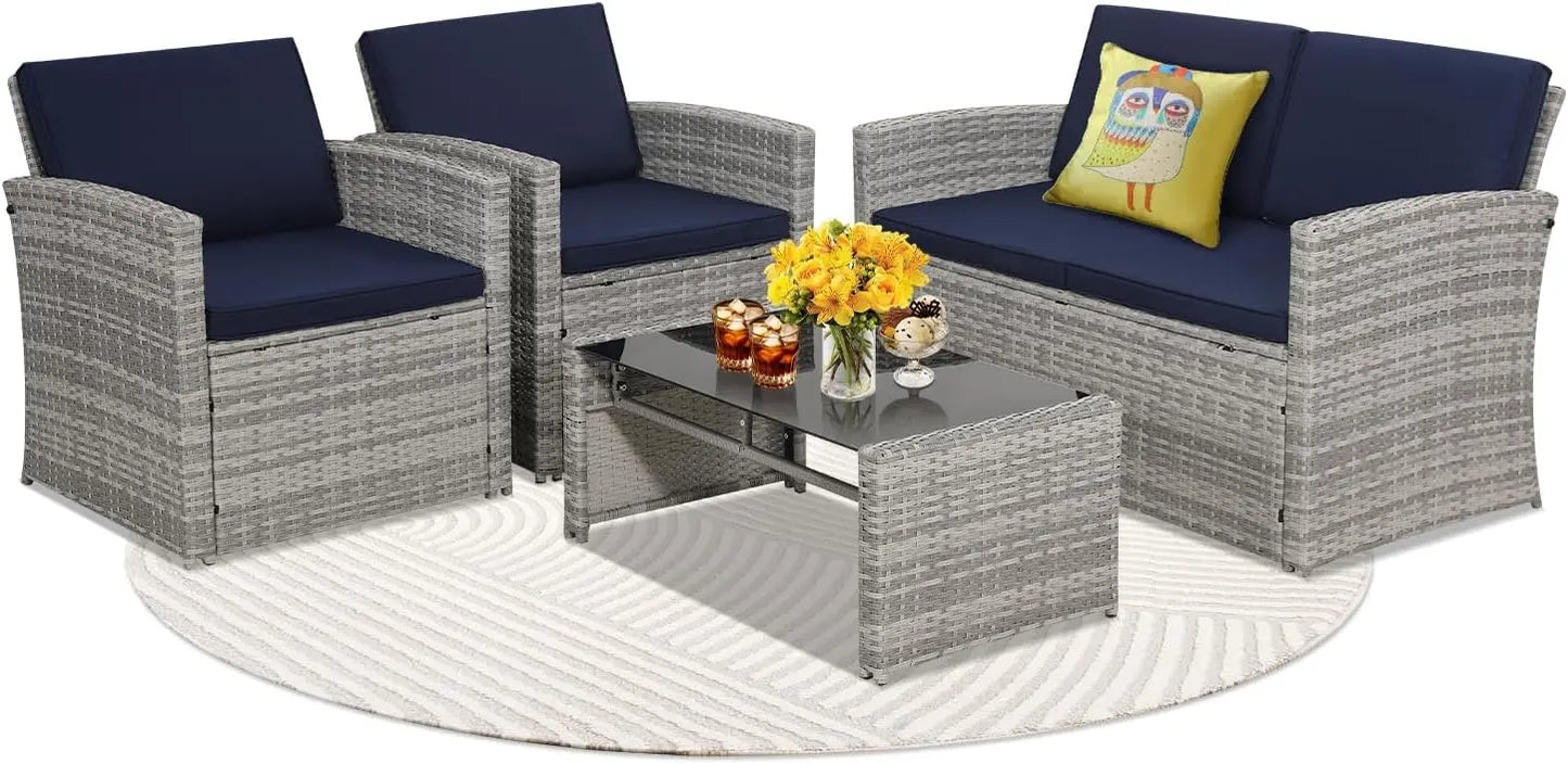 4 Piece Patio Conversation Set with Sofa Two Chairs and Coffee Table for Porch Deck Outdoor Wicker Sectional Furniture