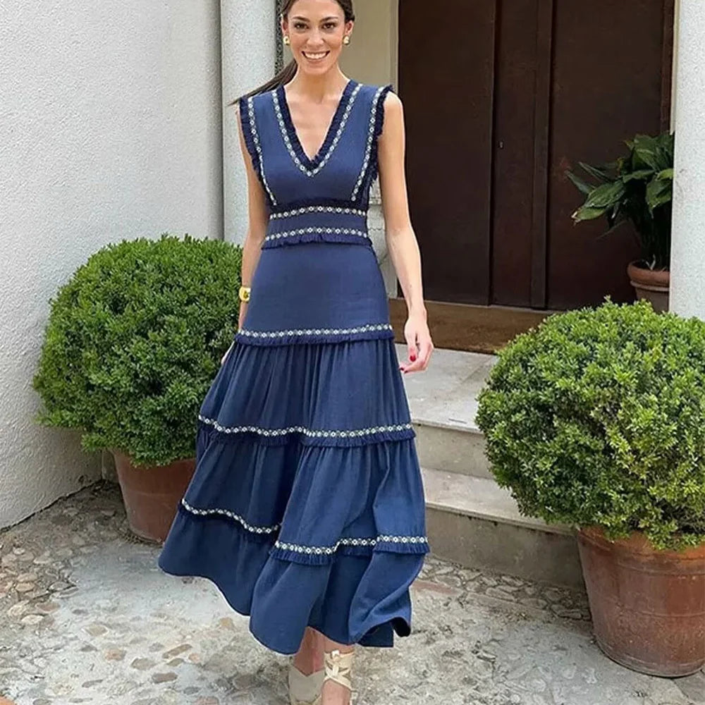 Casual Women's V-Neck Sleeveless Dress with Tassel Decoration