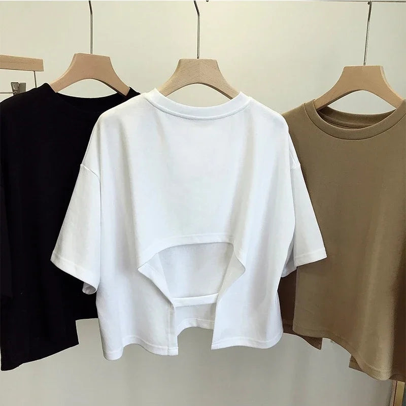 Casual Backless T-Shirt for Women Summer Loose Crop Top