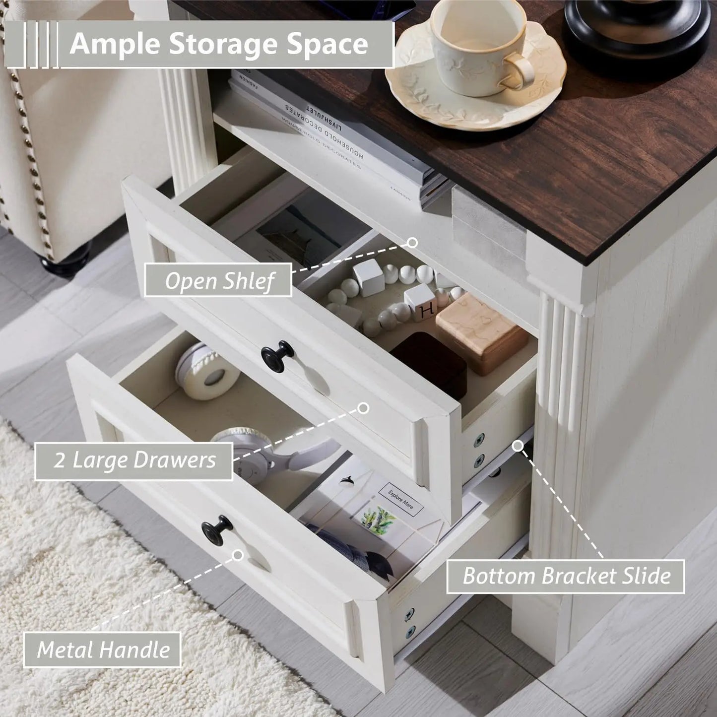 Elegant Wooden Side Table with Charging Station and Open Shelving
