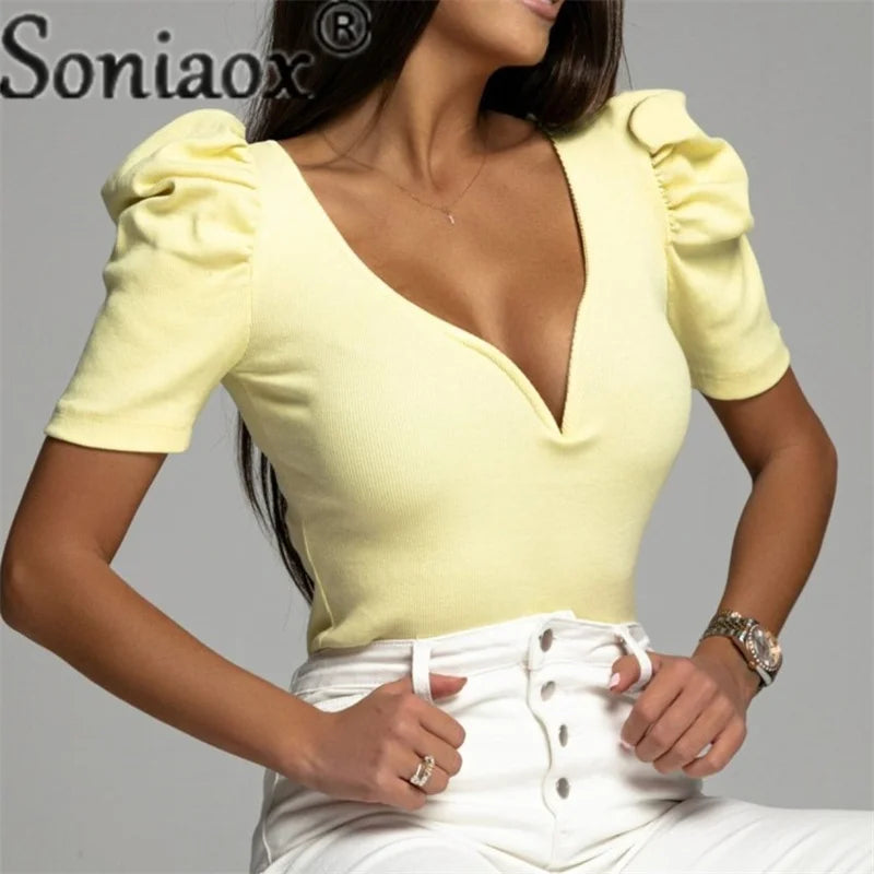 Soniaox Slim Fit V Neck Bubble Sleeve Blouse