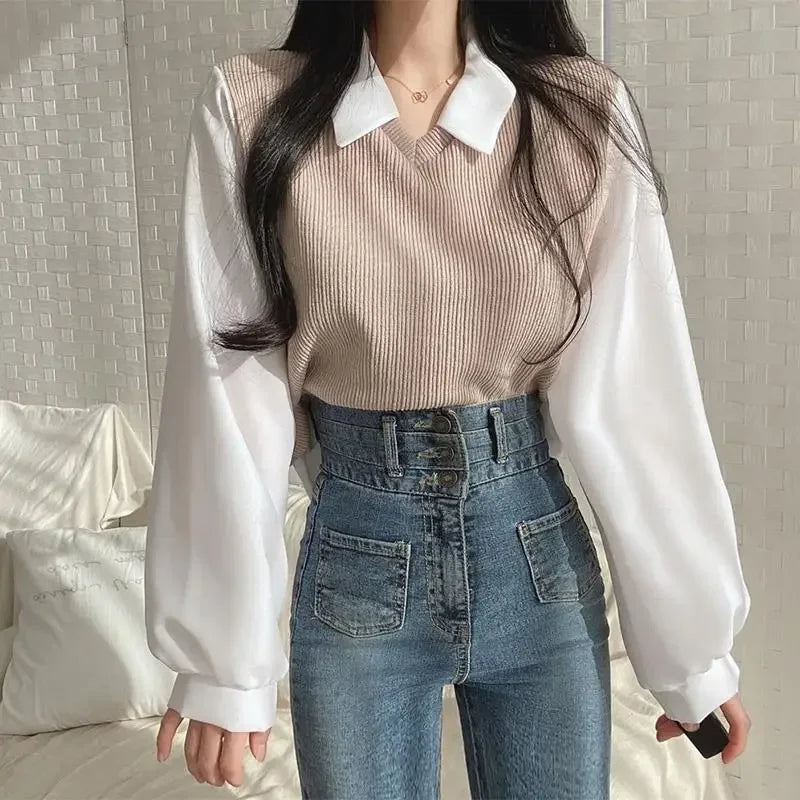 CN False Two Piece Polo Collar Women Blouse Spring Casual