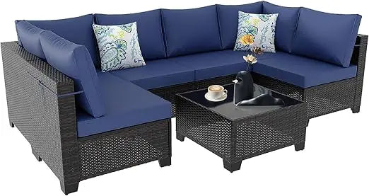 8 Pieces Outdoor Sectional Furniture Rattan Wicker Patio Sofa Couch with 28 Inch Gas Fire Pit Table Conversation Set for Backyard
