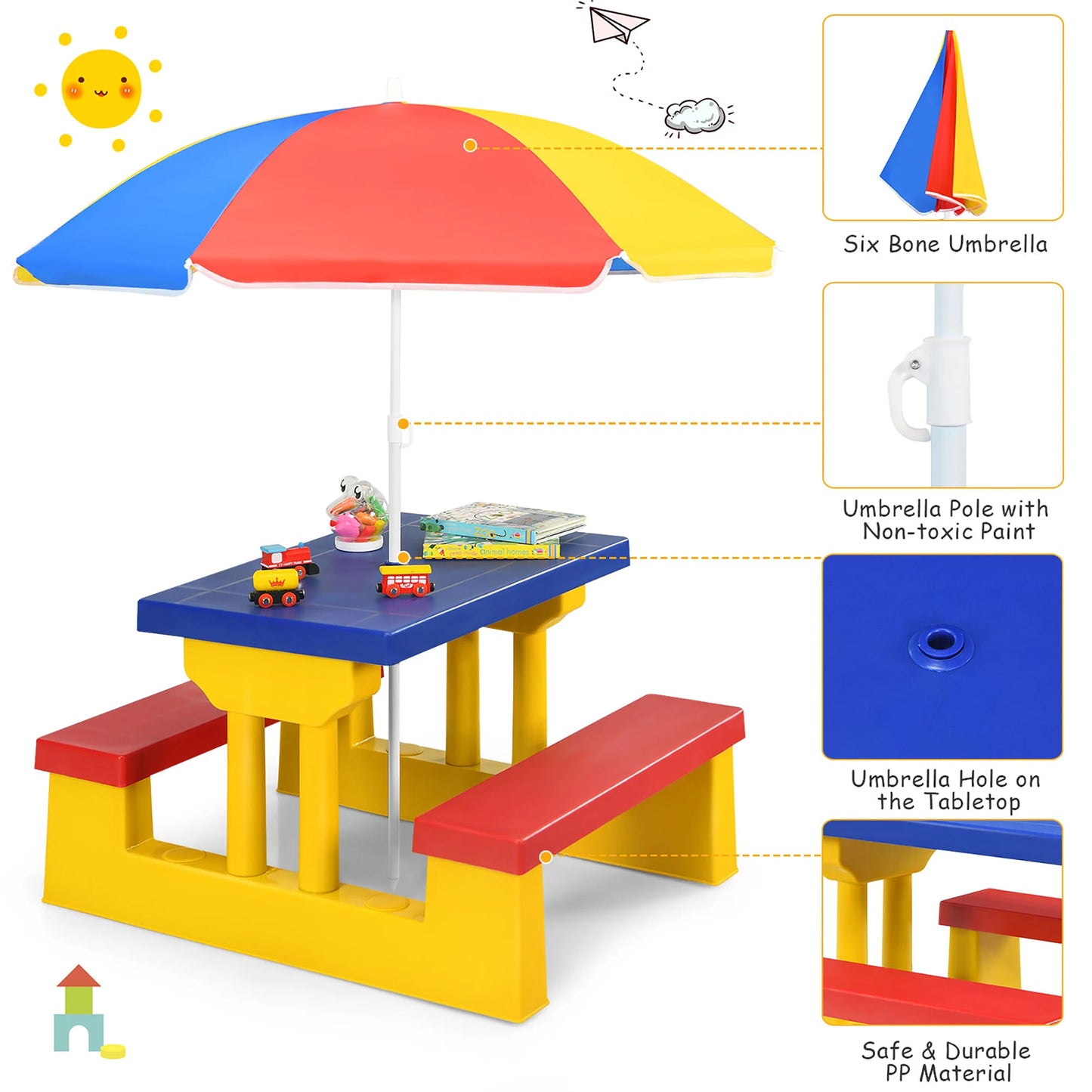 Kids Picnic Table Set With Removable Umbrella For Outdoor Fun