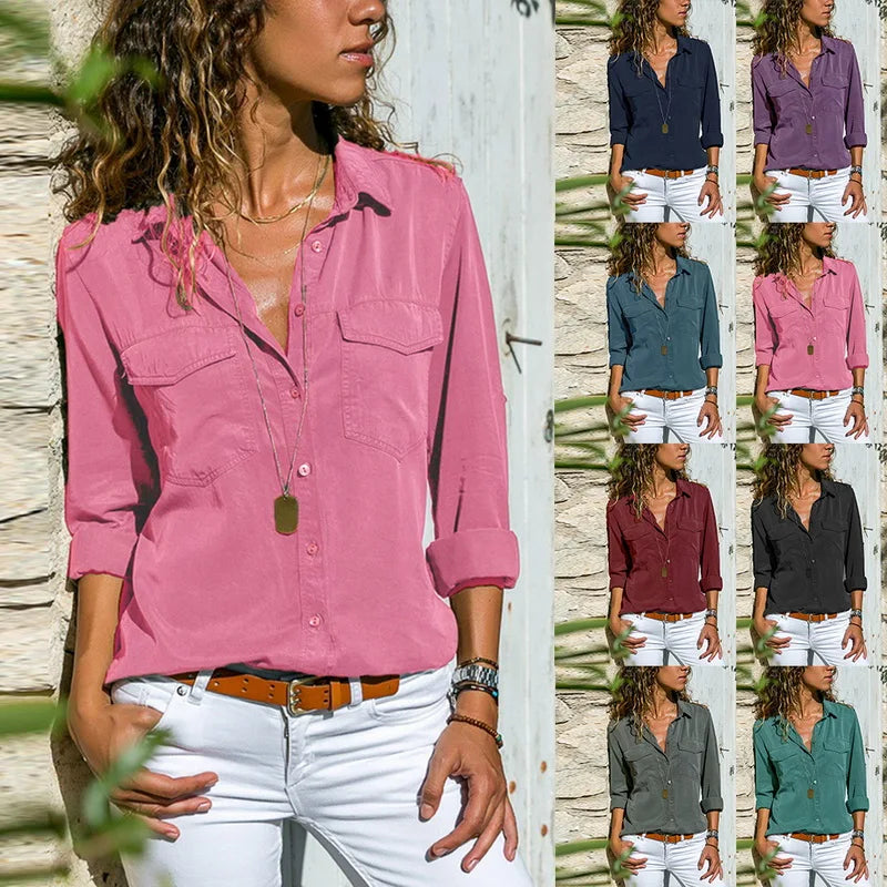 CYWANGCANCANCN Womens V Neck Long Sleeve Shirt With Pockets