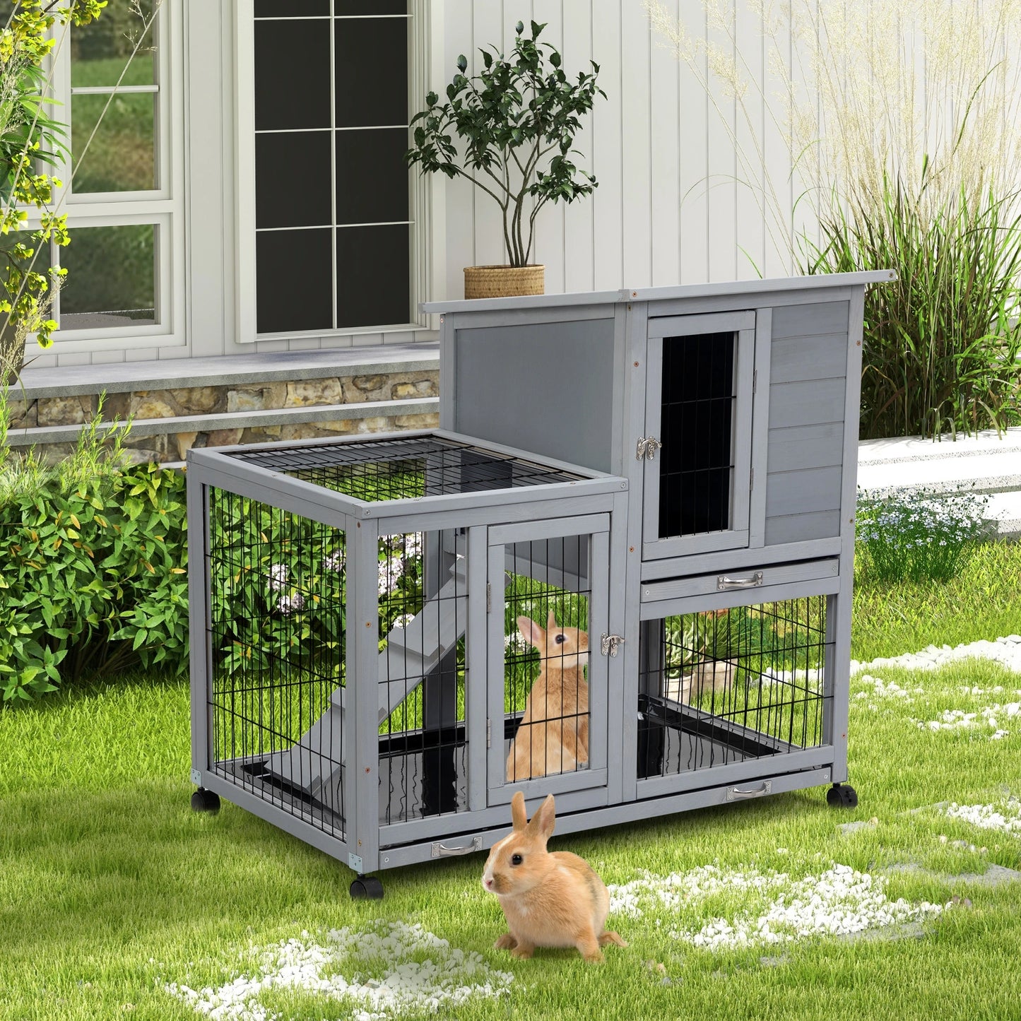 Detachable Rabbit Hutch With Removable Tray And Rolling Casters