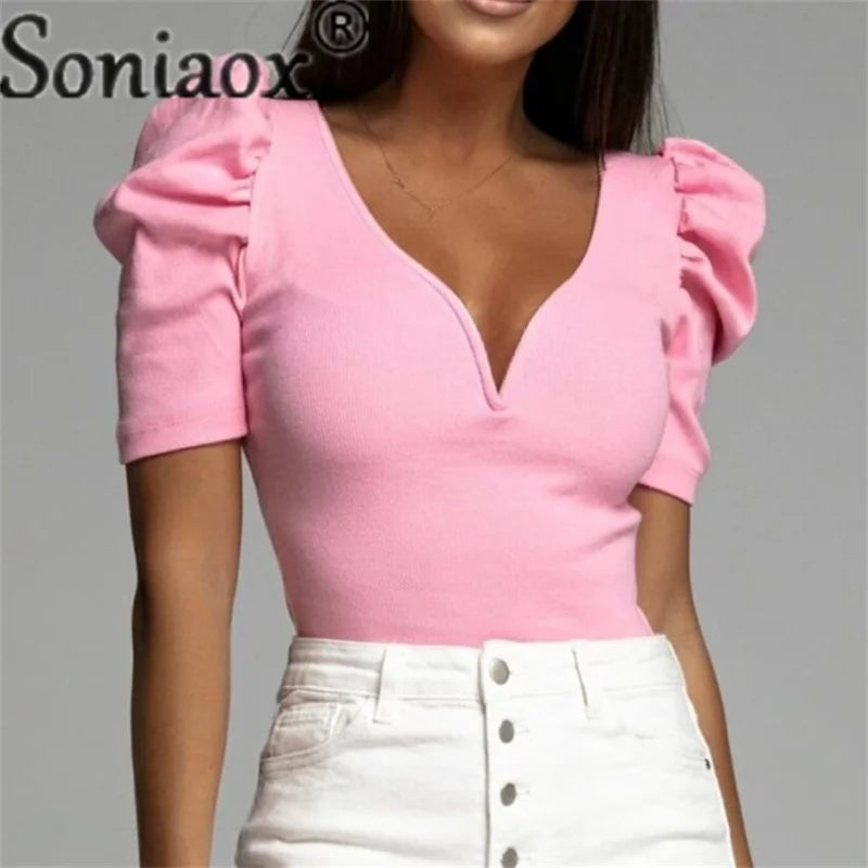 Soniaox Slim Fit V Neck Bubble Sleeve Blouse
