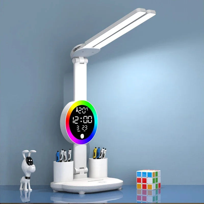 Rechargeable LED Table Lamp with Clock and Fan Features
