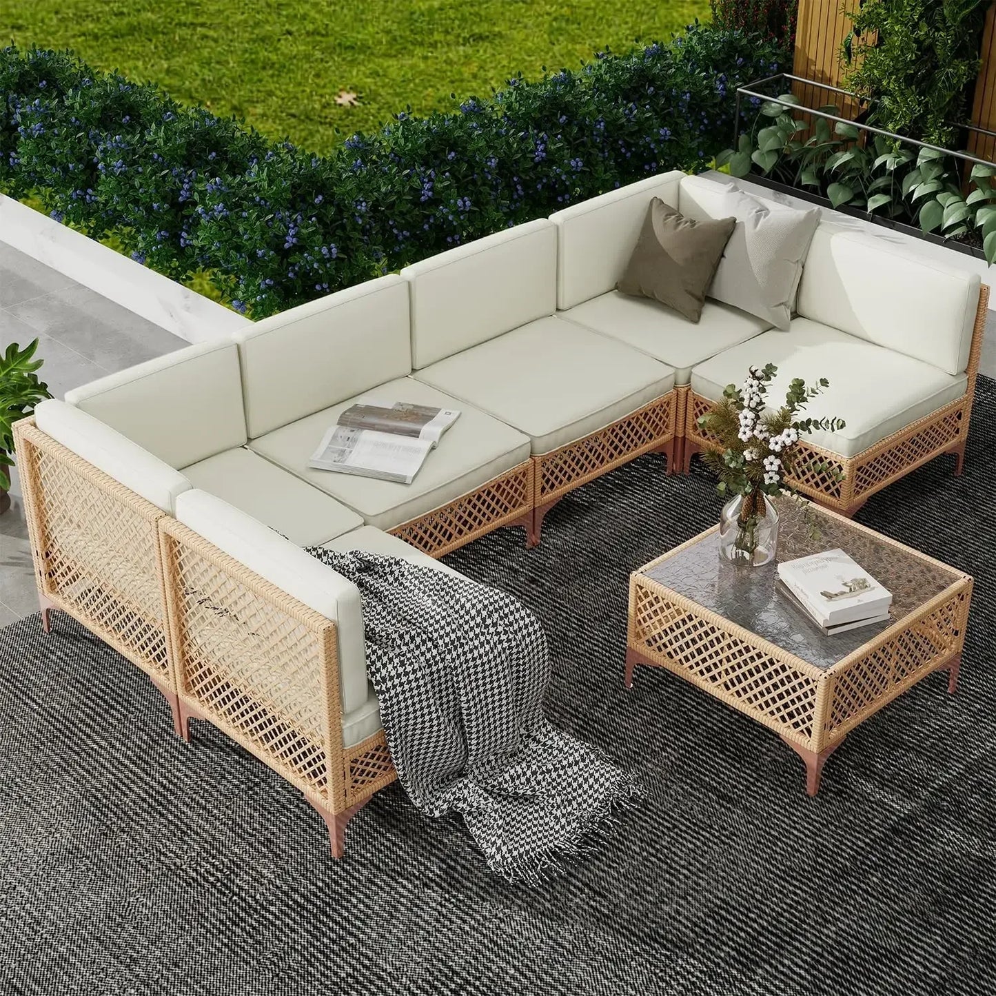 7 Piece Wicker Patio Furniture Set with Glass Table