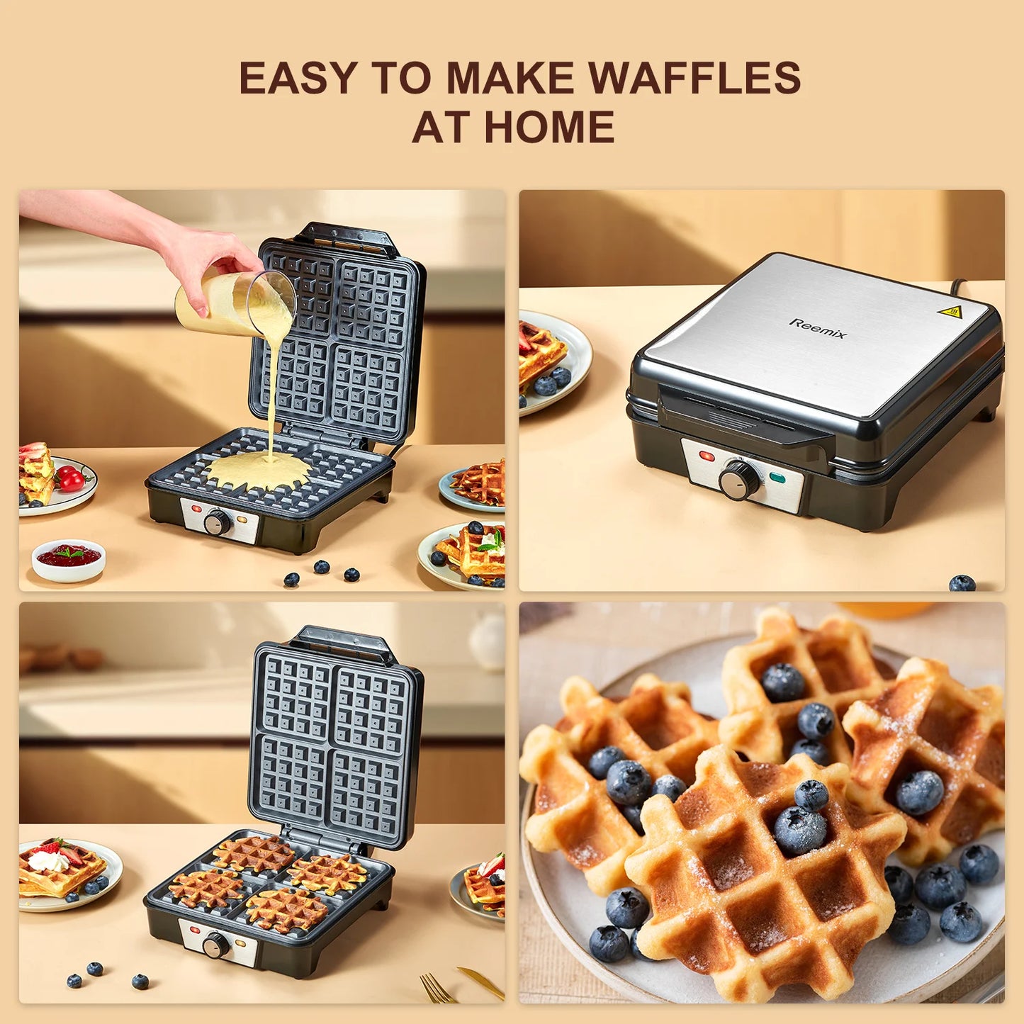 4 Slice Belgian Waffle Maker with 3 Browning Levels Nonstick Square Plates 1200 Watts Compact Design