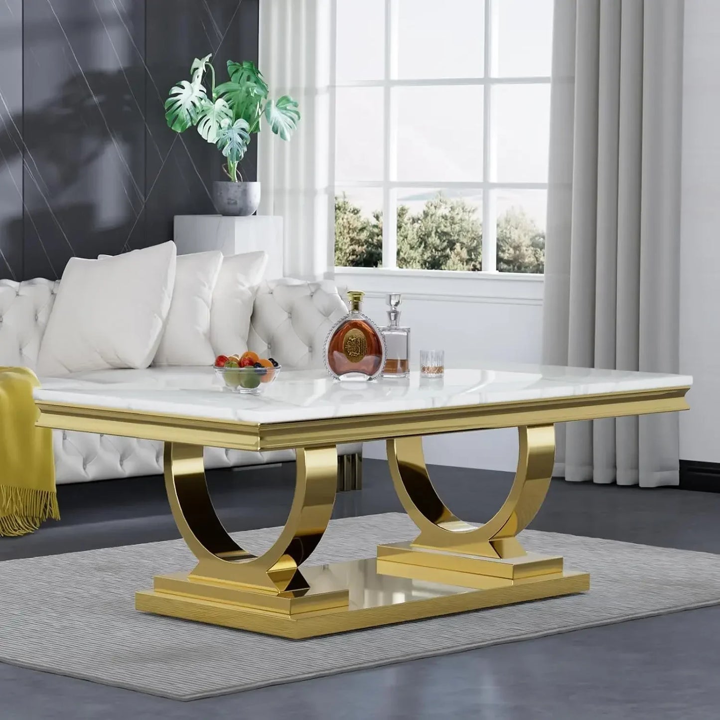47 Inch Rectangular Coffee Table Modern White Faux Marble Cocktail Table with Silver Mirrored Finish U Shape Stainless Steel Base