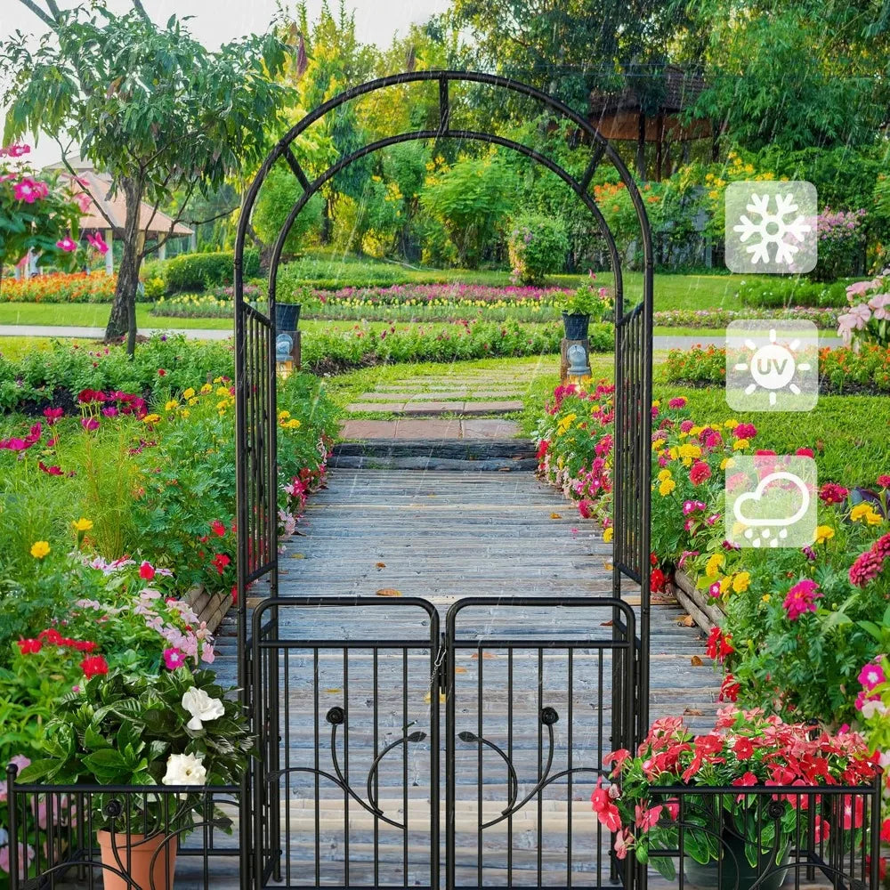 Garden Arbor With Gate And Planter Boxes For Climbing