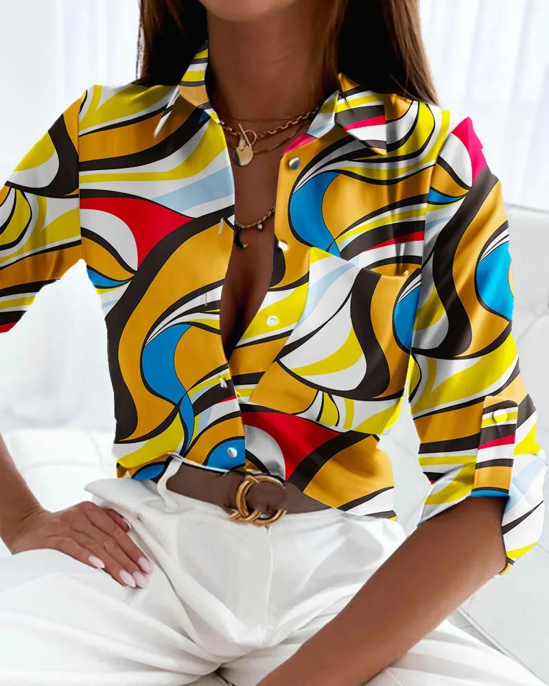 HEYTOAICN Casual Long Sleeve Lapel Slim Blouse Women Office