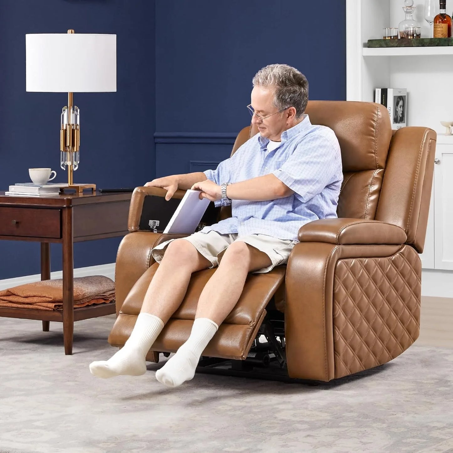 HUANZHUANG Genuine Leather Power Recliner With Power Headrest