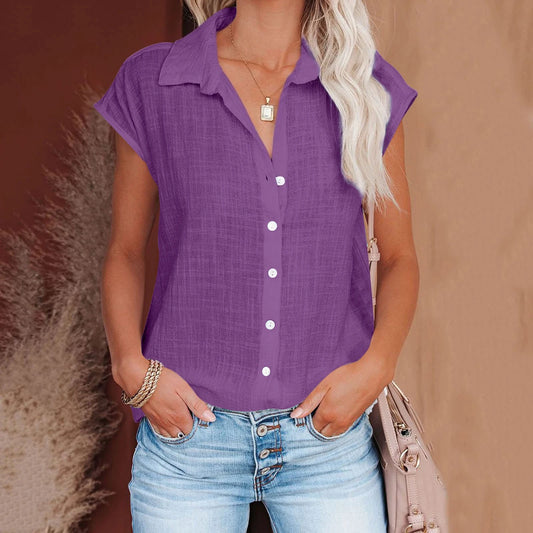 Hallolilla Cotton Linen Shirt Women Short Sleeve Top