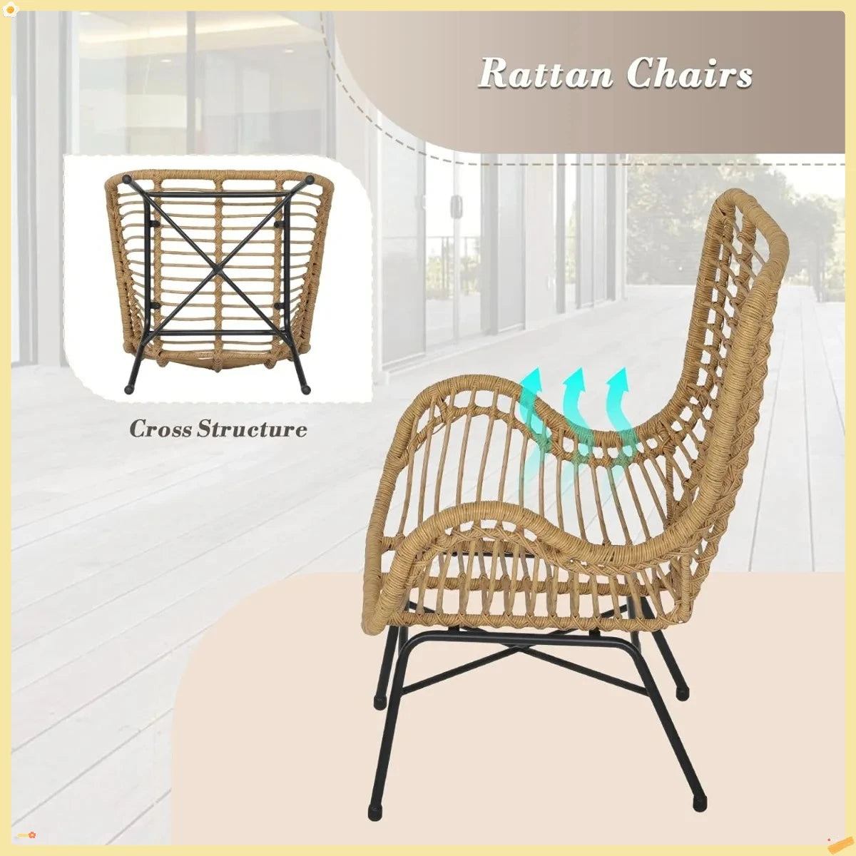 Folded 3 Piece Outdoor Patio Furniture Set Rattan Table And Chairs With Cushions