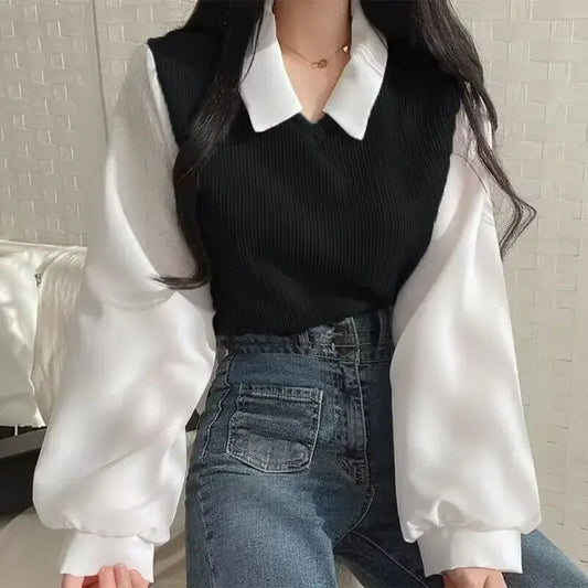 CN False Two Piece Polo Collar Women Blouse Spring Casual